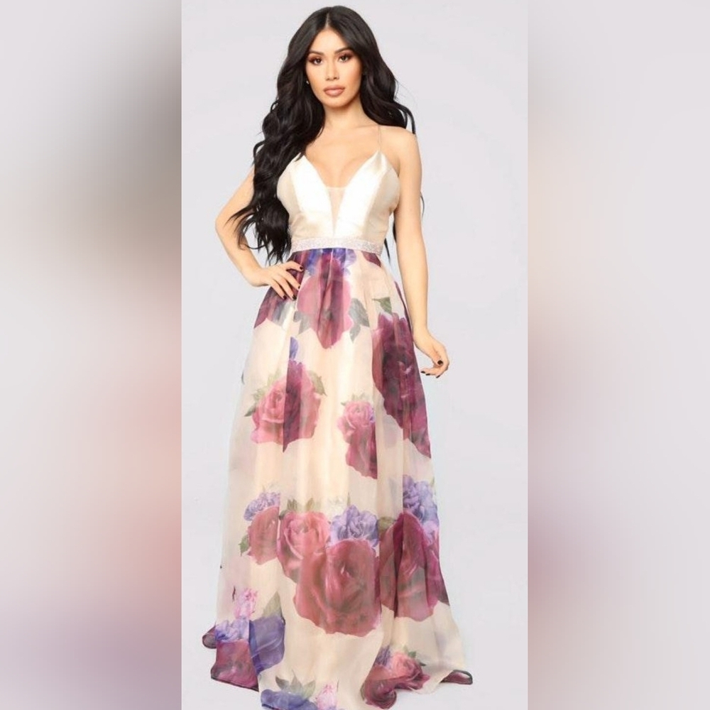 Fashion Nova Cream and Purple Floral Maxi Dress